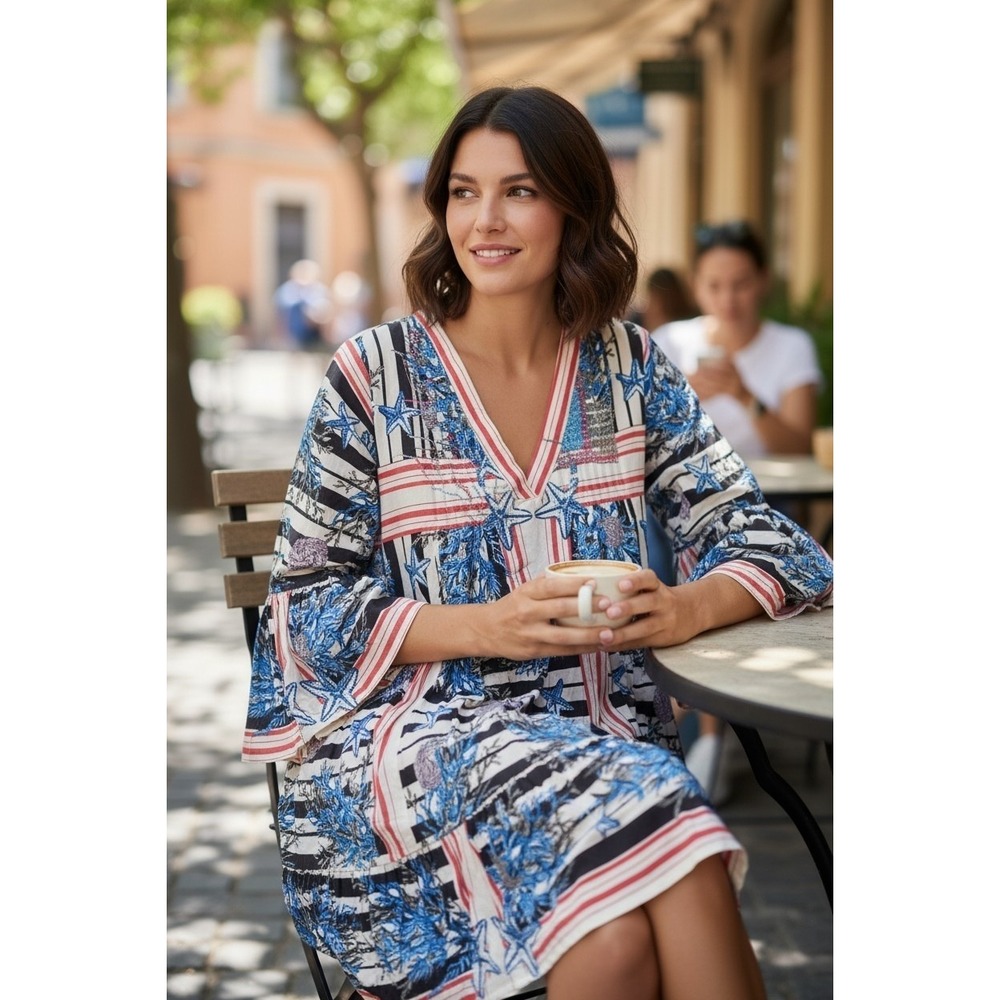 POL Coastal Starfish Stripe Sequin‎ Beaded Cotton Mini Dress SMQH15 Blue Red M